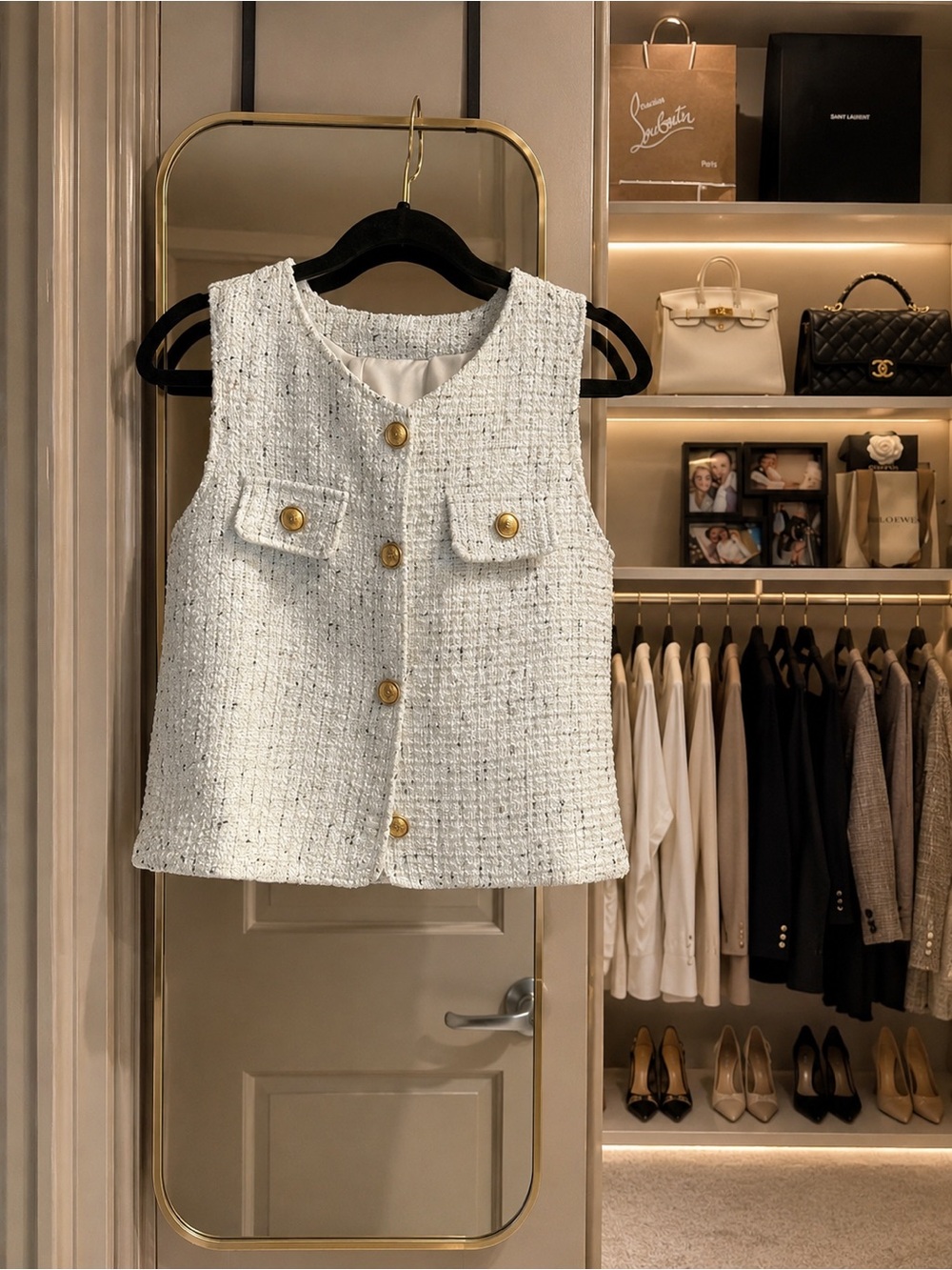 Textured White Tweed Button Front Vest with Gold Buttons